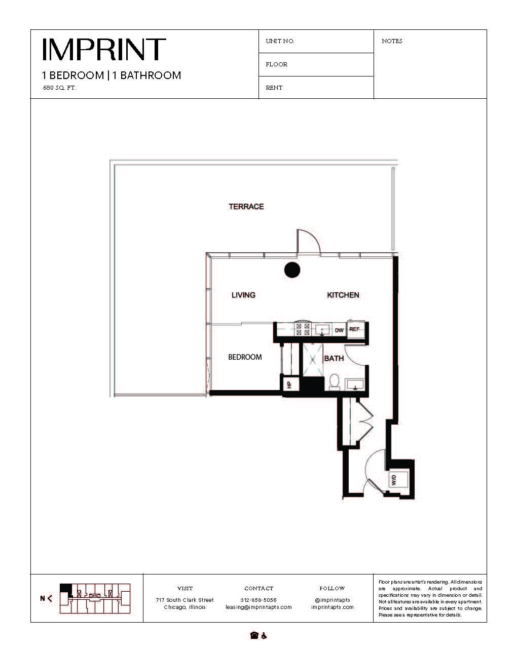 Floor plan for 1 bed, 1 bath, 680 sqft